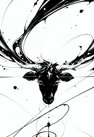 Monochrome black ink splash illustration of a cattle head with large flowing horns and a dynamic minimalist background composed of abstract lines and splatters.