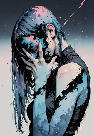 A side-view portrait of a woman with long hair in movement, featuring glitch masks partially covering her face, pixel distortion on her body, and blue and magenta spotlighting with watercolor effects.