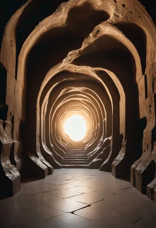 Photorealistic labyrinthine cave interior featuring intricately textured walls and ancient ruins, illuminated by warm, cinematic light from an archway opening.