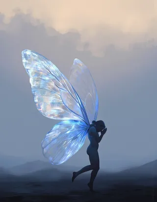 A silhouette of a person with large, translucent blue butterfly wings glowing softly, standing in a contemplative pose against a muted blue and white gradient background.