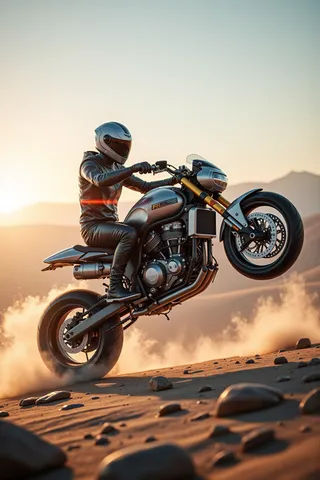 A rider in a helmet performing a stunt on a futuristic flying motorcycle above a desert landscape during sunset with dust clouds rising.