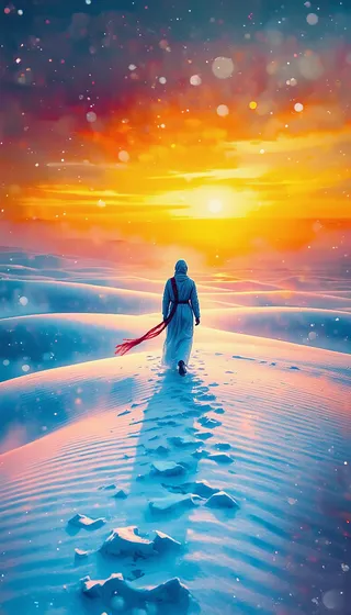 A solitary figure in flowing robes walks across a surreal snowy desert toward a glowing orange and yellow horizon, leaving footprints in pale blue dunes, with a red scarf trailing behind.