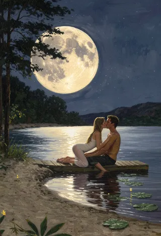 A romantic scene of two lovers sharing a tender kiss on a wooden dock by a serene lake under a large, glowing full moon surrounded by trees and lily pads.