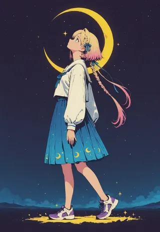 A full-body side profile of a girl with long blonde hair fading to pink ends, wearing a white shirt with a sailor collar and a blue skirt decorated with crescent moons, standing and looking up at a large glowing crescent moon against a starry night sky, wearing purple and white sneakers.