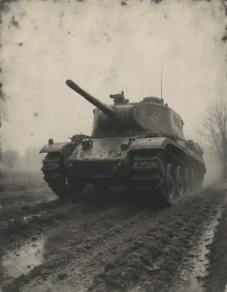 Schwarz-weiß 35mm Vintage-Foto eines mächtigen Militärpanzers, der aus dramatischer Froschperspektive einen schlammigen Hügel unter einem stürmischen Himmel mit Regen erklimmt.