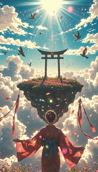 A floating island with a traditional Japanese shrine hovers among clouds under radiant sunlight, as a figure in a colorful kimono stands below surrounded by falling petals and flying birds.