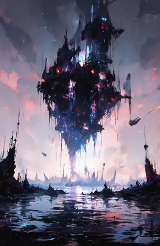 A glowing holographic city floats above a dark, cracked liquid ocean at night, illuminated with blue and red translucent lights, surrounded by shadows and distant structures.