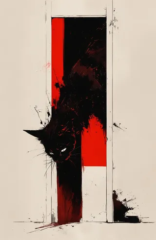 Digital painting of a black cat with textured fur and a somber look, framed by a doorway with bold red and black abstract stripes, splattered paint, and dramatic lighting.