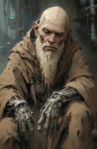 Portrait of an elderly bald man with a long white beard and closed eyes, sitting in a dim industrial setting. He wears a worn brown robe and has intricate mechanical prosthetic hands glowing subtly with red and green lights.