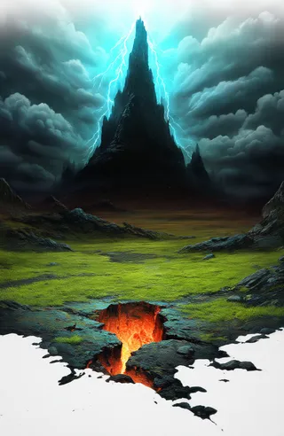 Dark mystical landscape featuring a towering jagged mountain illuminated by turquoise lightning, with a glowing orange-red crack in rocky and grassy terrain in the foreground.