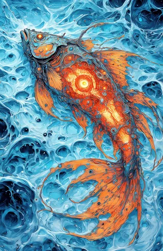 A vibrant glowing fish with bright orange and red hues swims within a swirling sea of blue liquid nitrogen, showing intricate patterns and textures.