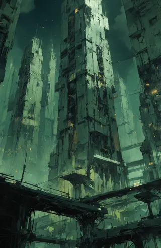 A dystopian cityscape at night with a greenish hue, featuring tall crumbling skyscrapers and elevated walkways illuminated with faint lights, under a dark, starless sky.