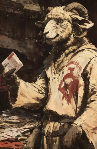 A sheep disguised as a zealot handing pamphlets about Jesus, depicted in a cinematic style with deep shadows and low saturation.