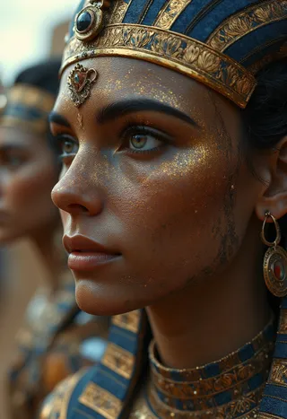 Close-up portrait of Cleopatra wearing a detailed blue and gold Egyptian headdress, golden makeup with shimmering textures, and ancient-style jewelry.