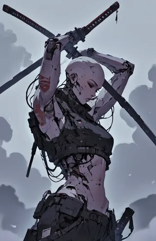 A bald pale-skinned cybernetic woman holding crossed dual swords behind her head, wearing a black tactical vest with tattoos and mechanical wiring under an overcast sky.