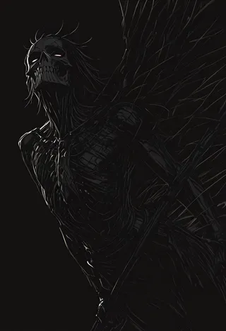 A highly detailed, dark line-art illustration of an androgynous necrophyte character with glowing eyes, depicted with intricate anatomy and dynamic angles against a pitch-black background.