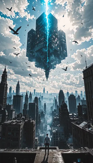 A hyper-realistic urban cityscape showing a floating upside-down city above, separated by a glowing blue energy rift, with birds flying around and towering skyscrapers below