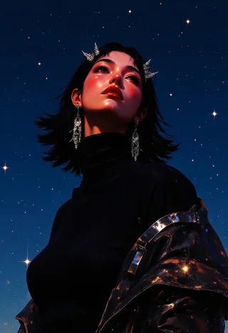 Portrait of a vintage woman under a deep navy night sky with faint stars, wearing rhinestone ornaments, a black turtleneck, and an oversized leather jacket.