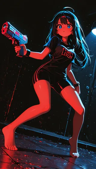 Full body anime girl with blue hair and bright blue eyes, holding a toy gun, posed dynamically against a dark background with dramatic red and blue lighting and a dutch angle.