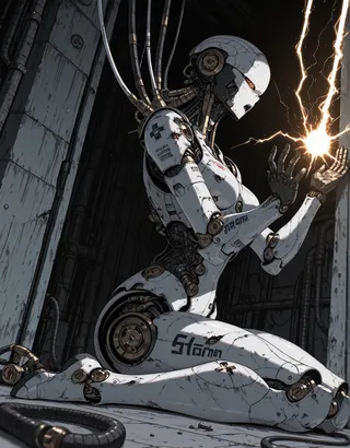 Detailed humanoid robot sitting on a floor in a dark industrial environment, with glowing electricity emanating from its hands and multiple cables connected to its back.