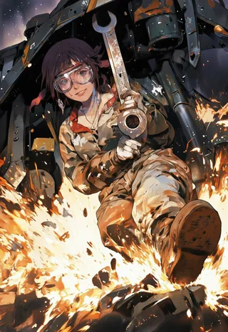 A grease-streaked mechanic girl with oversized goggles and a torn jumpsuit holds a giant wrench while sliding beneath a large mecha amid an explosion with sparks flying.