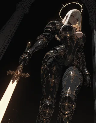 A powerful armored knight woman with blonde hair, glowing sword, black armor with gold accents, and a halo, posed dynamically from a low angle in a dark setting.