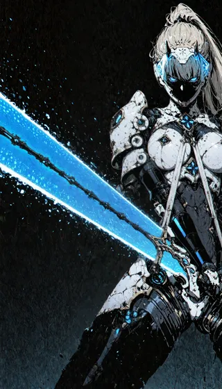 Dynamic digital painting of a female knight wielding a glowing blue plasma greatsword wearing white and black cyberpunk-inspired armor with bioluminescent accents.