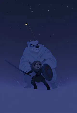 A fierce large polar bear with battle scars stands behind a female viking warrior holding a sword and shield in a snowy night landscape under a starry sky.