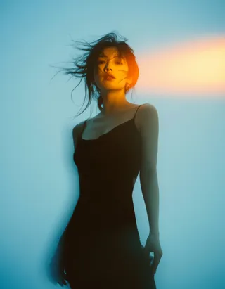 A woman in a black summer dress with disheveled hair, captured using a fisheye lens with an orange light leak across her face, set against a soft pastel blue background.