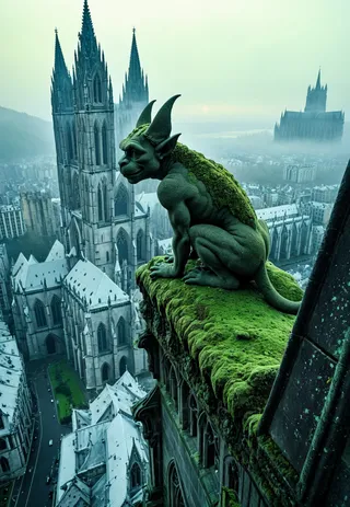 A moss-green stone gargoyle with horns perched on a Gothic cathedral ledge covered in moss, overlooking a misty city at dawn with soft cinematic lighting.