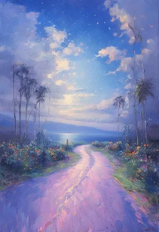 Impressionist style seascape showing a winding road at night under a faint moon, with vibrant colors, distinct brushstrokes, and lush flowers along the path.