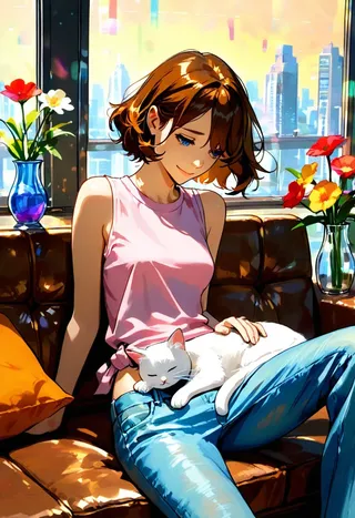 A young woman with wavy brown hair and blue eyes sits on a leather sofa wearing a light pink sleeveless top and blue jeans, holding a white cat on her lap in a futuristic city apartment with colorful flowers by the window.
