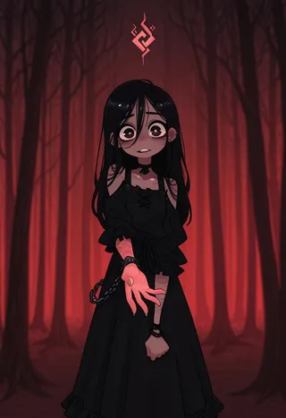 A young woman in a black dress with long black hair and red eyes reaching out with a chained wrist in a dark red glowing forest.
