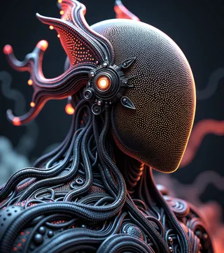 Highly detailed alien creature featuring an intricate NeuroWeave design with ornate, circular patterns and glowing elements in a dark, futuristic setting.