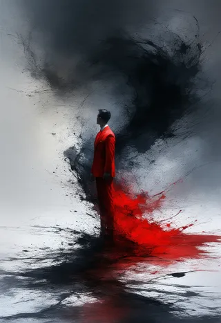 A solitary figure wearing a vibrant red suit stands within a swirling vortex of black and red ink splatters, blending with shadows and abstract darkness.