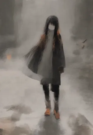 A melancholic black-haired girl wearing a coat walks through a misty and desaturated environment with birds flying nearby, rendered in a cinematic and conceptual art style.