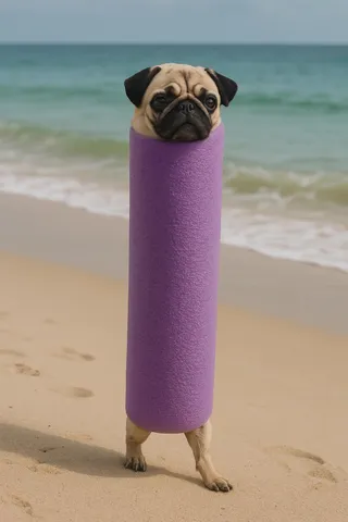 A realistic image of a pug dog trapped inside a long vertical purple pool noodle standing on a sandy beach with the dog's head poking out from the top and its hind legs visible at the bottom walking near the ocean.