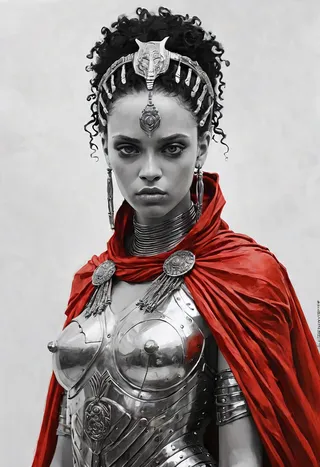 Portrait of a striking African queen wearing detailed steel armour and a vibrant red silk cape, with an ancient Greek hairstyle and intricate metallic accessories against a neutral background.