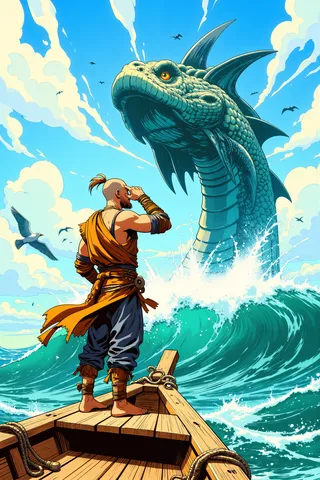 A fantasy illustration of a monk adventurer standing on a wooden boat facing a massive serpentine sea monster rising from vibrant ocean waves under a bright blue sky.