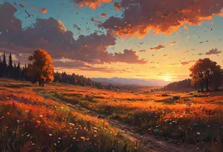 A vibrant autumn sunset illuminates a wildflower meadow with orange and golden hues, scattered flowers, distant mountains, and dramatic clouds.