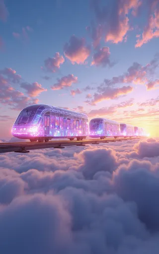 A futuristic stained-glass train with radiant carriages floats high above the clouds under a vivid, sunset-lit sky with soft glowing light and rainbow reflections.