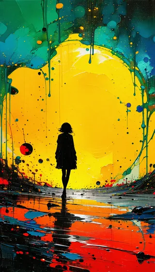 Silhouette of a young woman standing against a large vibrant yellow circle background with dynamic neon abstract brush strokes in green, blue, and red, creating a chaotic and emotional scene.