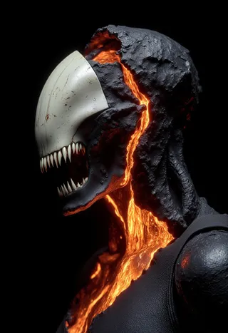 Extreme close-up side profile of an alien entity with a cracked volcanic head revealing molten lava beneath, with sharp teeth and a bio-mechanical surface.
