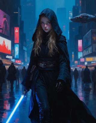 A young female Jedi Knight in a dark hooded cloak wielding a glowing blue lightsaber walks through a rain-soaked, neon-lit futuristic cityscape at night, painted in a detailed oil style.