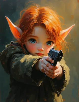 A red-haired elf girl with blue eyes aiming a pistol, depicted in oil painting style resembling Rembrandt's technique, wearing casual urban streetwear.