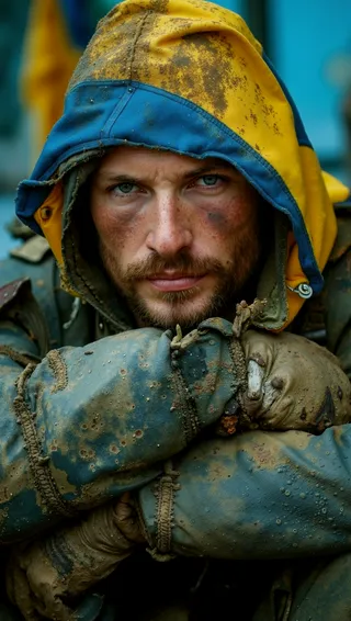 Portrait of a man wearing a muddy blue and yellow hooded jacket with intense gaze and a beard