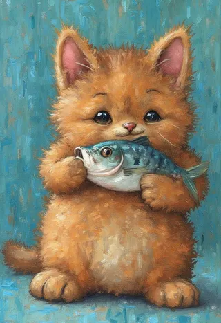 Oil painting of a small, cuddly felt kitten holding a fish, smiling joyfully with big eyes against a blue textured background.