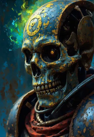 Close-up of a skeleton necromancer’s skull in rusted medieval armor, engraved with glowing eldritch symbols and green-black flames in the eye sockets, oil painting style.