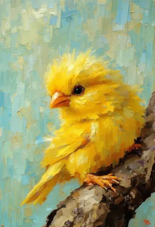 Oil painting of a small and cute yellow canary perched on a branch with textured brushstrokes and a blurred blue-green background.