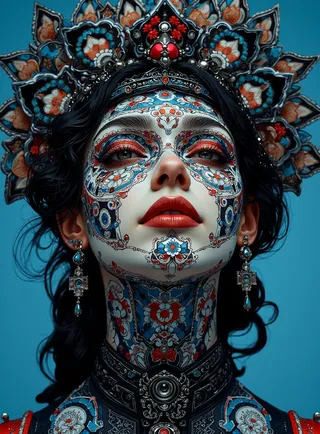 Portrait of a woman with intricate geometric face paint, bright red lipstick, elaborate jewelry, and a decorative headdress against a bright blue background.